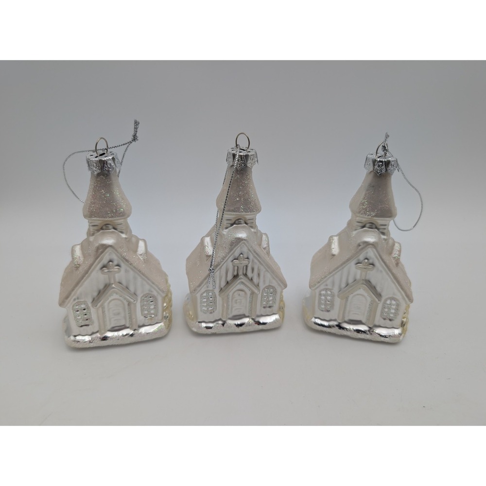 Glass Church Chapel Christmas Ornaments Silver White Lot of 3 4 Inch